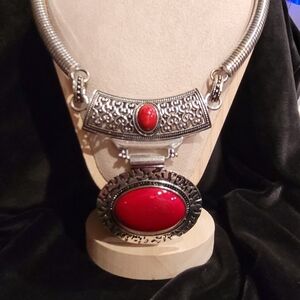 Silver-Tone Statement Necklace with Red Cabochon Accents